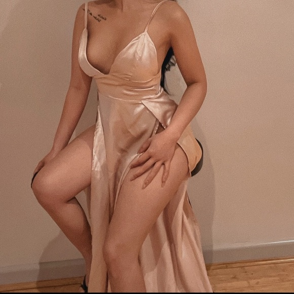 Satin Thigh High Split Deep-V Elegant Maxi Dress Floor Length Long Evening Dress - Picture 3 of 4